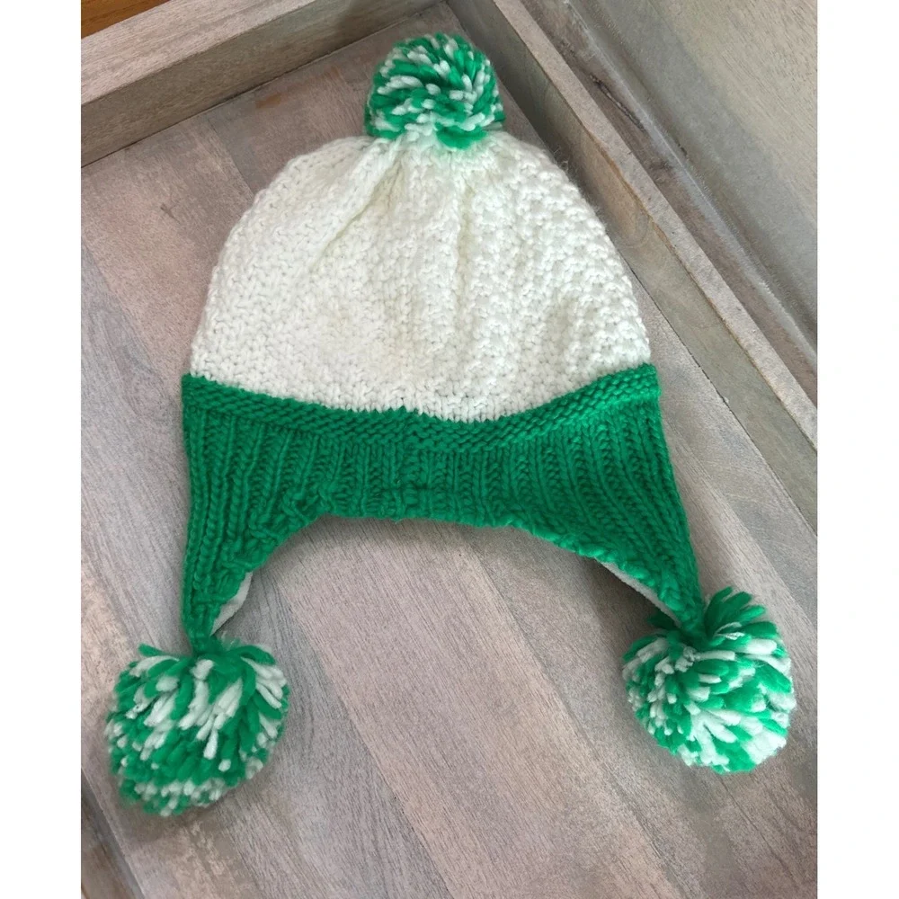 Bridgets of Erin Kids Shamrock Earflap Beanie Green White Fleece Lined Pom Hat